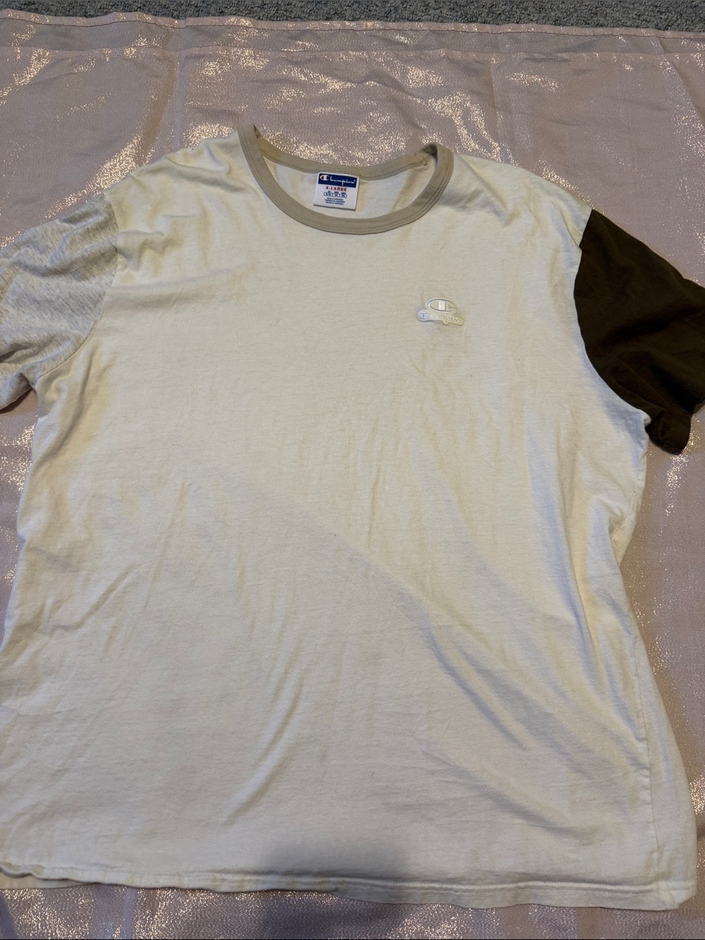 Champion Short-Sleeve Colorblock Tee in Cream and Brown - Picture 1 of 2